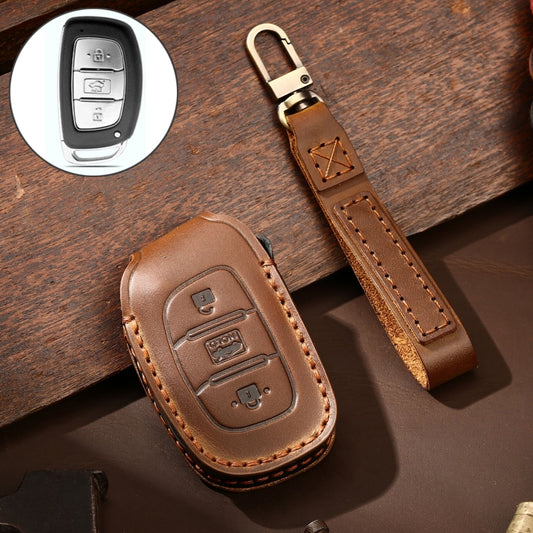 Hallmo Car Cowhide Leather Key Protective Cover Key Case for Hyundai IX35 A Style(Brown) -  by Hallmo | Online Shopping UK | buy2fix