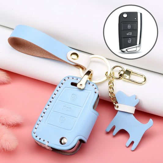 Hallmo Car Female Style Cowhide Leather Key Protective Cover for Volkswagen, B Type Folding (Sky Blue) - In Car by buy2fix | Online Shopping UK | buy2fix