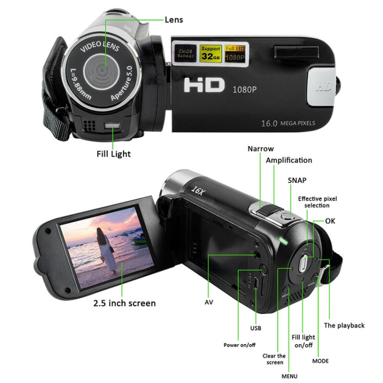 16X Digital Zoom HD 16 Million Pixel Home Travel DV Camera, EU Plug(Black) - Consumer Electronics by buy2fix | Online Shopping UK | buy2fix