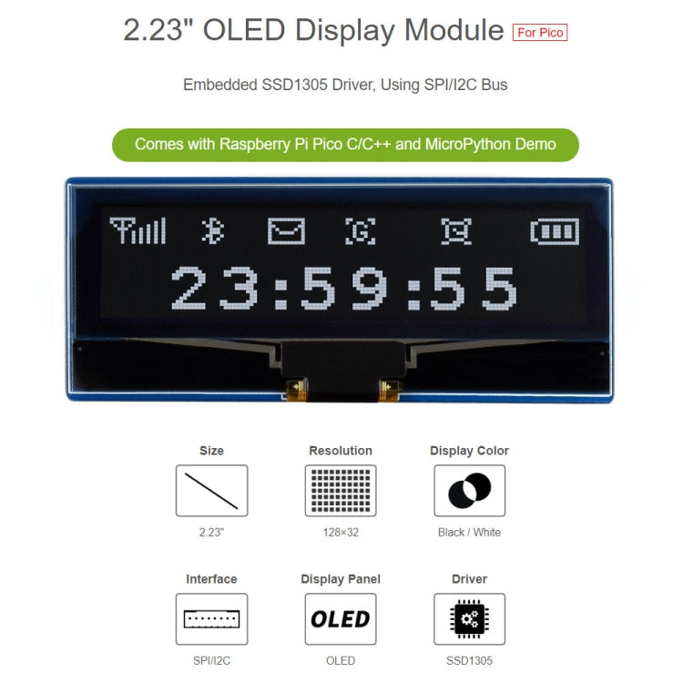 WAVESHARE 128 x 32 Pixel 2.23 inch OLED Display Module for Raspberry Pi Pico, SPI/I2C - Modules Expansions Accessories by WAVESHARE | Online Shopping UK | buy2fix