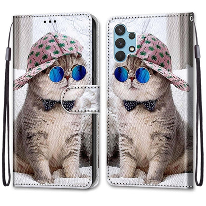 For Samsung Galaxy A32 4G / A32 Lite Coloured Drawing Cross Texture Horizontal Flip PU Leather Case with Holder & Card Slots & Wallet & Lanyard(Slant Hat Blue Mirror Cat) - Samsung Accessories by buy2fix | Online Shopping UK | buy2fix