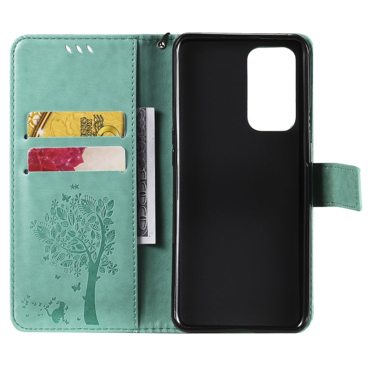 For OnePlus 9 Pro Tree & Cat Pattern Pressed Printing Horizontal Flip PU Leather Case with Holder & Card Slots & Wallet & Lanyard(Green) - OnePlus Cases by buy2fix | Online Shopping UK | buy2fix