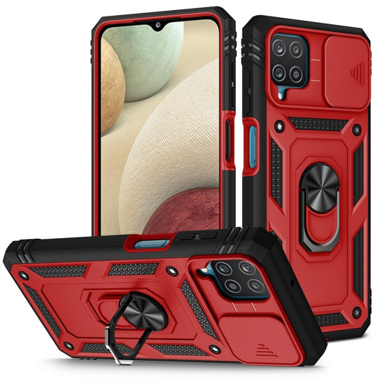 For Samsung Galaxy A12 Sliding Camera Cover Design TPU + PC Protective Case with 360 Degree Rotating Holder & Card Slot(Red+Black) - Samsung Accessories by buy2fix | Online Shopping UK | buy2fix