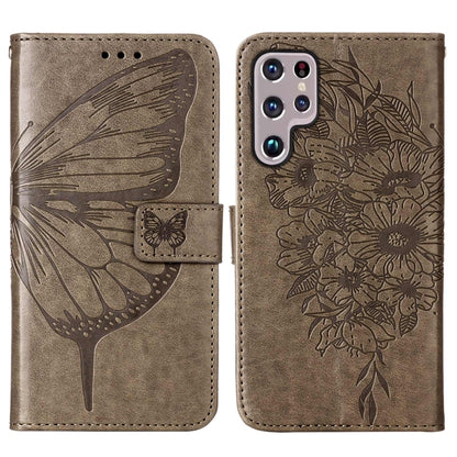 For Samsung Galaxy S22 Ultra 5G Embossed Butterfly Leather Phone Case with Holder & Card Slot & Wallet & Lanyard(Grey) - Samsung Accessories by buy2fix | Online Shopping UK | buy2fix