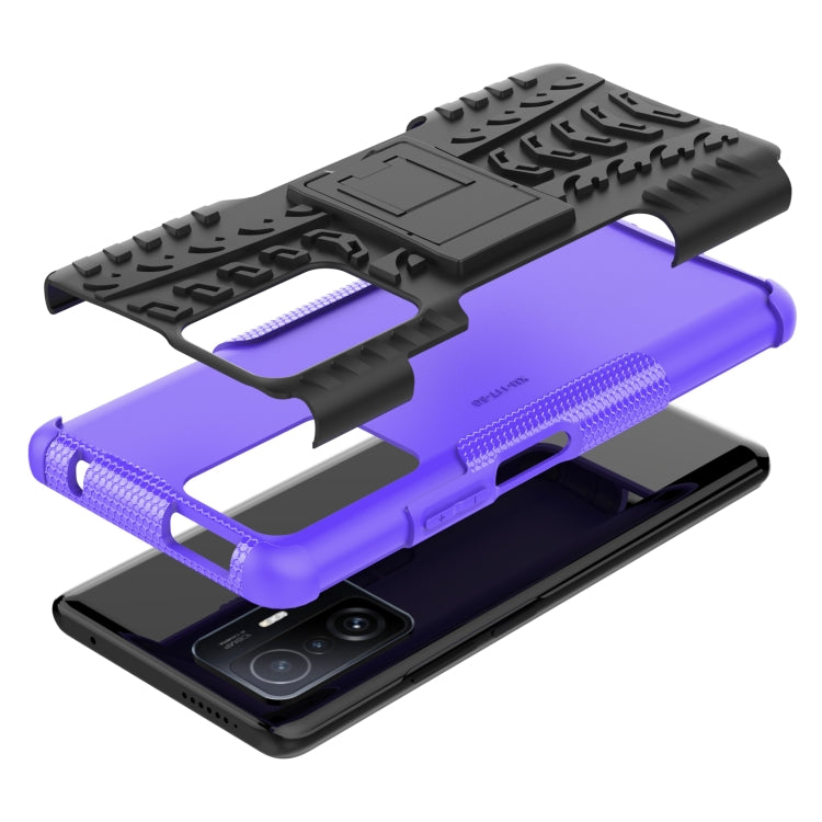 For Xiaomi Mi 11T Tire Texture TPU + PC Phone Case with Holder(Purple) - Xiaomi Accessories by buy2fix | Online Shopping UK | buy2fix