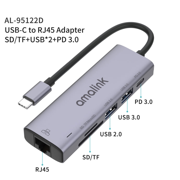 amalink 95122D Type-C / USB-C to RJ45 + 2 Ports USB + PD 3.0 Multi-function HUB(Grey) - Computer & Networking by amalink | Online Shopping UK | buy2fix