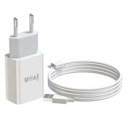 IVON AD-33 2 in 1 2.1A Single USB Port Travel Charger + 1m USB to 8 Pin Data Cable Set, EU Plug(White) - USB Charger by IVON | Online Shopping UK | buy2fix