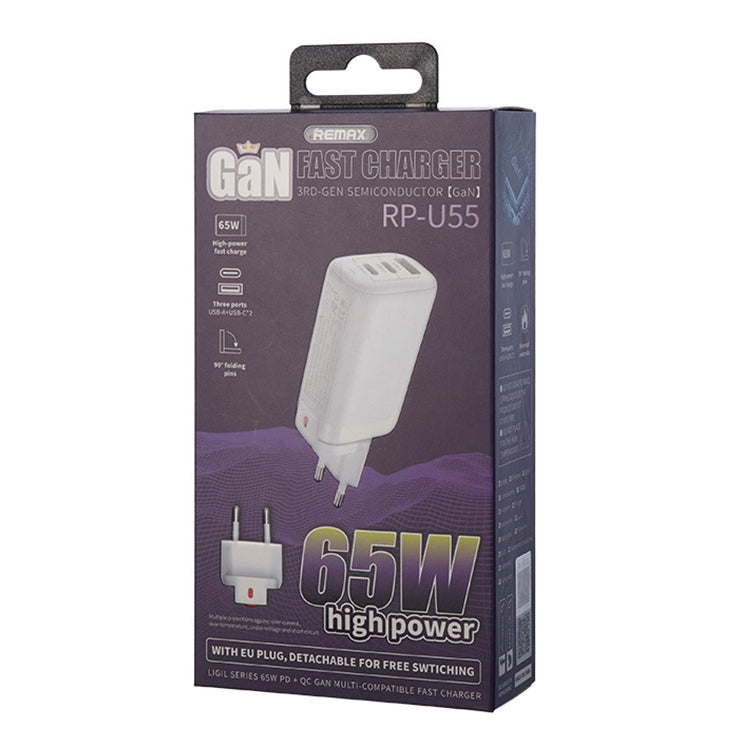 REMAX RP-U55 Territory Series 65W USB+Dual USB-C / Type-C Interface Fast Charger, Specification:EU Plug(White) - USB Charger by REMAX | Online Shopping UK | buy2fix