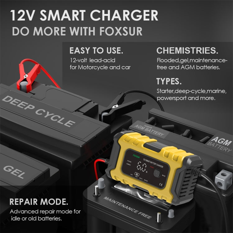 FOXSUR 6A 12V Motorcycle / Car Smart Battery Charger, Plug Type:AU Plug(Yellow) - Battery Charger by FOXSUR | Online Shopping UK | buy2fix