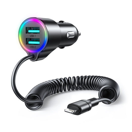 JOYROOM JR-CL25 3.4A 3-in-1 Car Charger with Coiled 8 Pin Cable(Black) - In Car by JOYROOM | Online Shopping UK | buy2fix