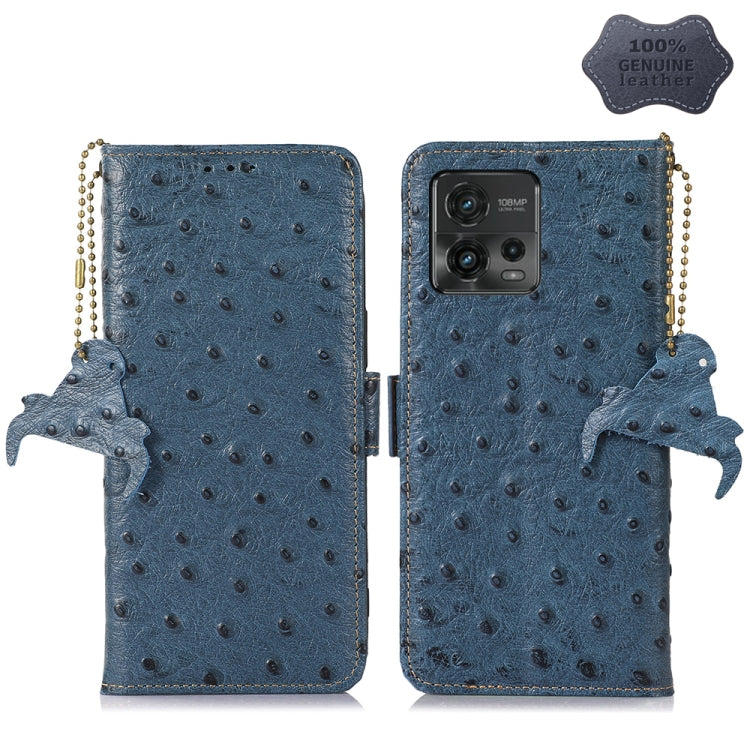 For Motorola Moto G72 4G Ostrich Pattern Genuine Leather RFID Phone Case(Blue) - Motorola Cases by buy2fix | Online Shopping UK | buy2fix