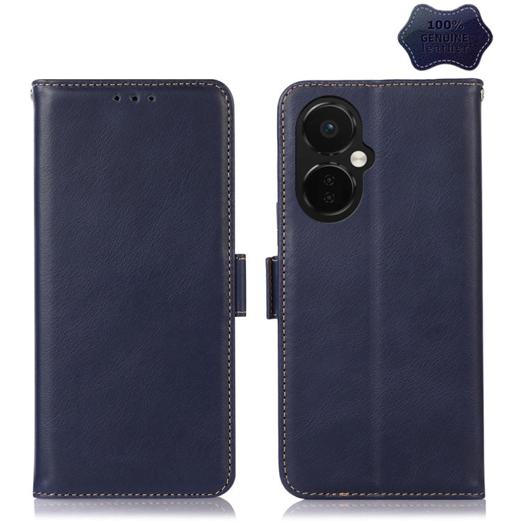 For OnePlus Nord CE 3 Lite Crazy Horse Top Layer Cowhide RFID Leather Phone Case(Blue) - OnePlus Cases by buy2fix | Online Shopping UK | buy2fix