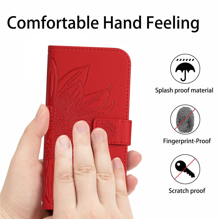 For Xiaomi Redmi Note 12 4G Global Skin Feel Sun Flower Embossed Flip Leather Phone Case with Lanyard(Red) - Note 12 Cases by buy2fix | Online Shopping UK | buy2fix