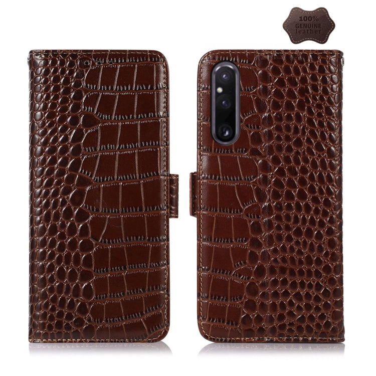 For Sony Xperia 1 V Crocodile Top Layer Cowhide Leather Phone Case(Brown) - Sony Cases by buy2fix | Online Shopping UK | buy2fix