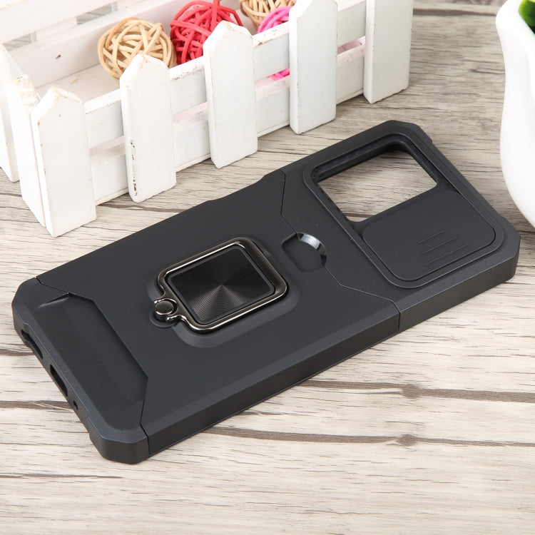 For Xiaomi Redmi Note 12 5G / Poco X5 Camera Shield Card Slot Phone Case with Ring Holder(Black) - Note 12 Cases by buy2fix | Online Shopping UK | buy2fix