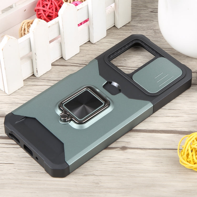 For Xiaomi Redmi Note 12 5G / Poco X5 Camera Shield Card Slot Phone Case with Ring Holder(Dark Green) - Note 12 Cases by buy2fix | Online Shopping UK | buy2fix