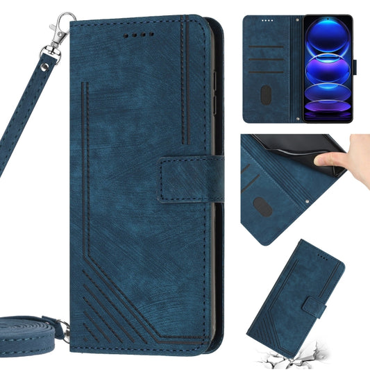For Xiaomi Redmi Note 12 5G Global / Poco X5 5G Skin Feel Stripe Pattern Leather Phone Case with Lanyard(Blue) - Note 12 Cases by buy2fix | Online Shopping UK | buy2fix