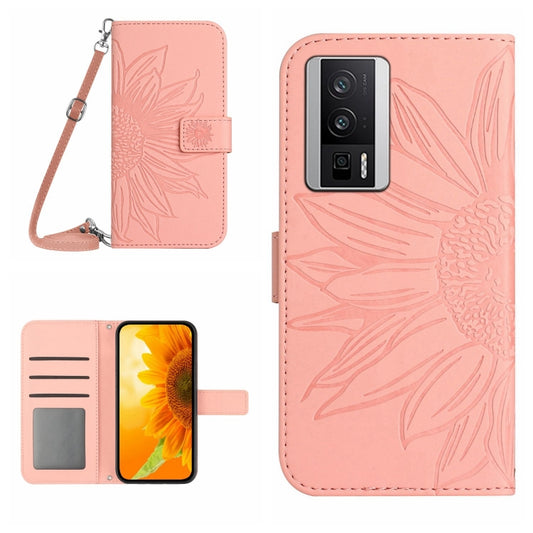 For Xiaomi Poco F5 Pro Skin Feel Sun Flower Embossed Flip Leather Phone Case with Lanyard(Pink) - Xiaomi Cases by buy2fix | Online Shopping UK | buy2fix