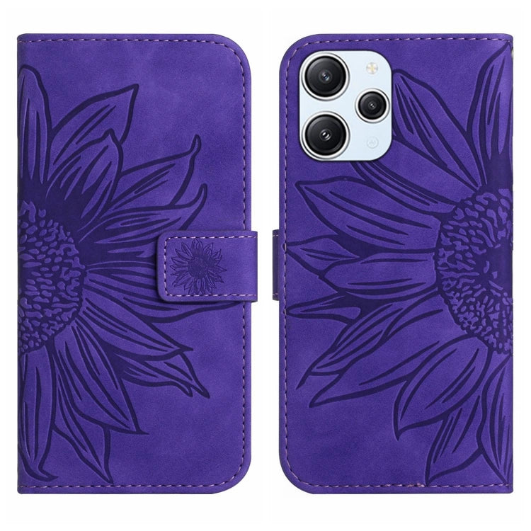 For Xiaomi Redmi 12 4G Global Skin Feel Sun Flower Embossed Flip Leather Phone Case with Lanyard(Dark Purple) - Xiaomi Cases by buy2fix | Online Shopping UK | buy2fix