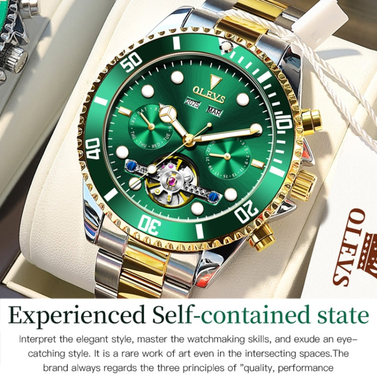 OLEVS 6605 Men Multifunctional Waterproof Mechanical Watch(Green + Gold) - Metal Strap Watches by OLEVS | Online Shopping UK | buy2fix