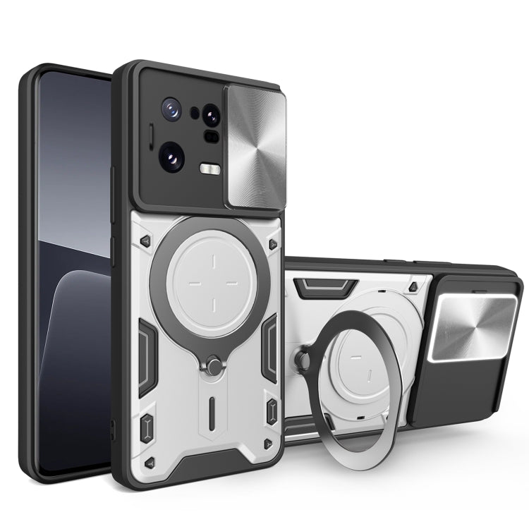 For Xiaomi 13 Pro CD Texture Sliding Camshield Magnetic Holder Phone Case(Silver) - 13 Pro Cases by buy2fix | Online Shopping UK | buy2fix