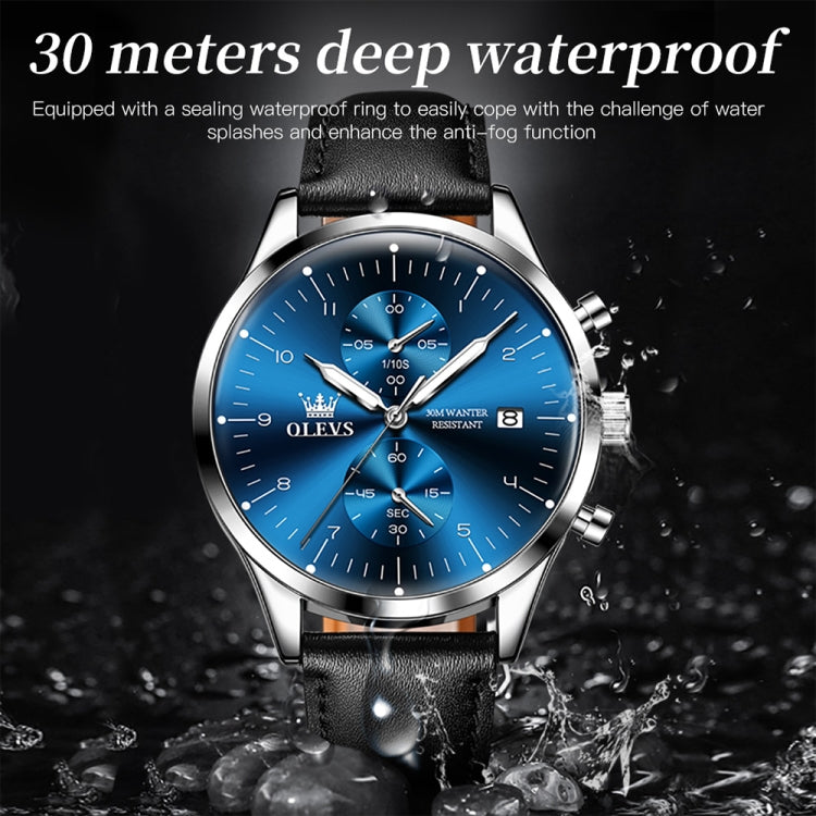 OLEVS 2880 Men Multifunctional Business Waterproof Leather Strap Quartz Watch(Blue) - Leather Strap Watches by OLEVS | Online Shopping UK | buy2fix