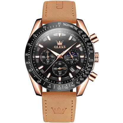 OLEVS 9957 Men Luminous Waterproof Leather Strap Quartz Watch(Black + Rose Gold) - Leather Strap Watches by OLEVS | Online Shopping UK | buy2fix