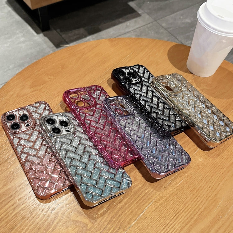 For iPhone 14 Pro Woven Grid 3D Electroplating Laser Engraving Glitter Paper Phone Case(Silver) - iPhone 14 Pro Cases by buy2fix | Online Shopping UK | buy2fix