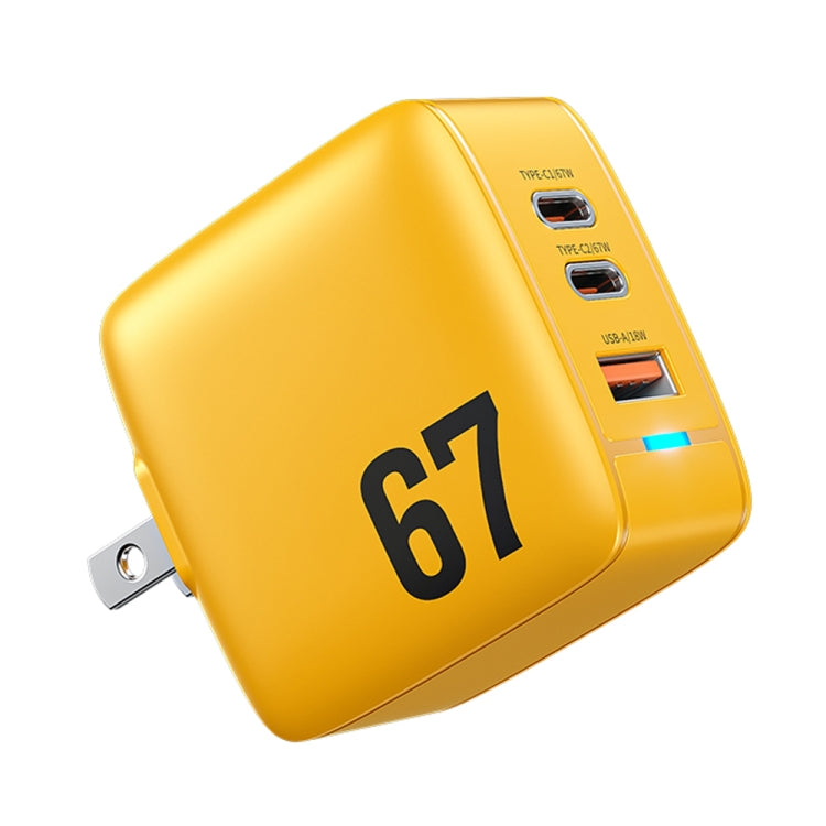 WK WP-U141 67W USB+Double USB-C / Type-C GaN Charger, Plug:US Plug(Yellow) - USB Charger by WK | Online Shopping UK | buy2fix