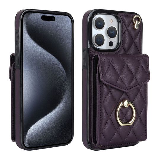 For iPhone 15 Pro Max Rhombic Texture Card Bag Phone Case with Long Lanyard(Dark Purple) - iPhone 15 Pro Max Cases by buy2fix | Online Shopping UK | buy2fix