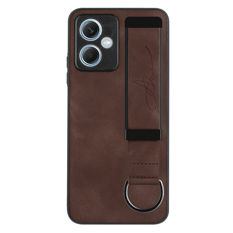 For Xiaomi Redmi Note 12 4G Global Wristband Holder Leather Back Phone Case(Coffee) - Note 12 Cases by buy2fix | Online Shopping UK | buy2fix