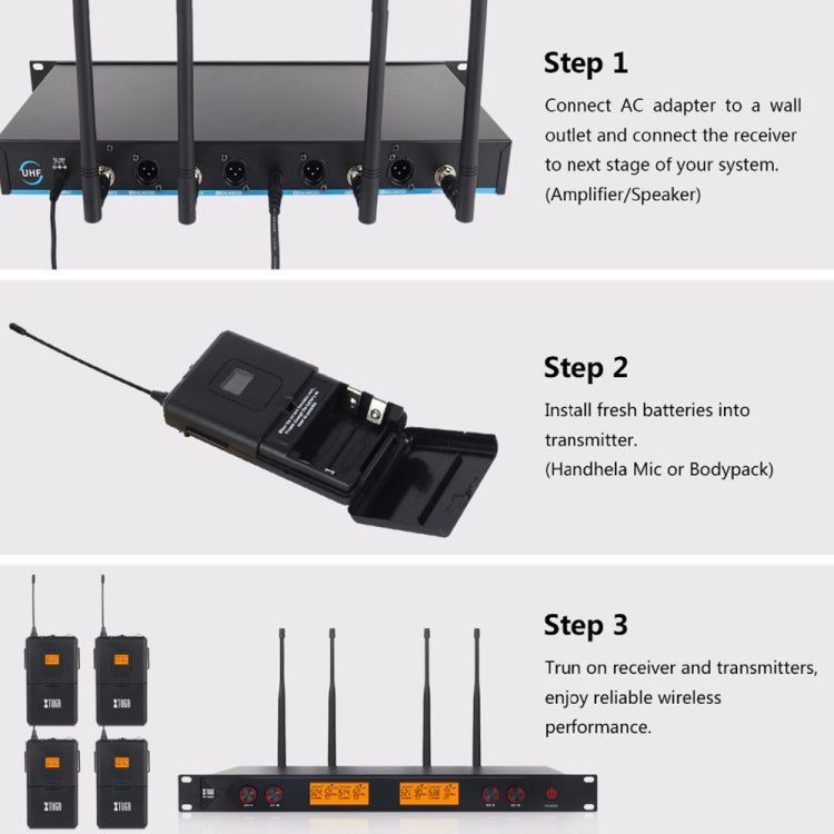 XTUGA A400-HB Professional 4-Channel UHF Wireless Microphone System with 2 Handheld & 2 Headset Microphone(EU Plug) - Microphone by XTUGA | Online Shopping UK | buy2fix