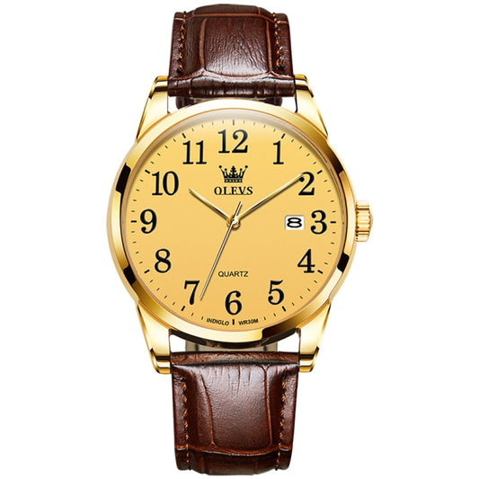 OLEVS 5566 Men Simple Single Calendar Waterproof Quartz Watch(Gold) - Leather Strap Watches by OLEVS | Online Shopping UK | buy2fix
