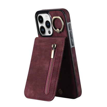 For iPhone 15 Pro Max Retro Ring and Zipper RFID Card Slot Phone Case(Wine Red) - iPhone 15 Pro Max Cases by buy2fix | Online Shopping UK | buy2fix