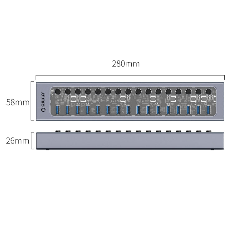 ORICO AT2U3-16AB-GY-BP 16 Ports USB 3.0 HUB with Individual Switches & Blue LED Indicator(AU Plug) - USB 3.0 HUB by ORICO | Online Shopping UK | buy2fix