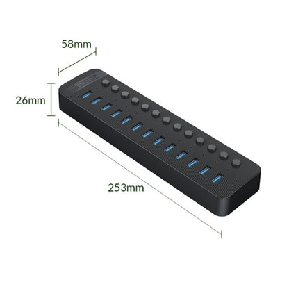 ORICO CT2U3-13AB Plastic Stripes 13 Ports USB 3.0 HUB with Individual Switches, Plug:EU Plug(Black) - USB 3.0 HUB by ORICO | Online Shopping UK | buy2fix