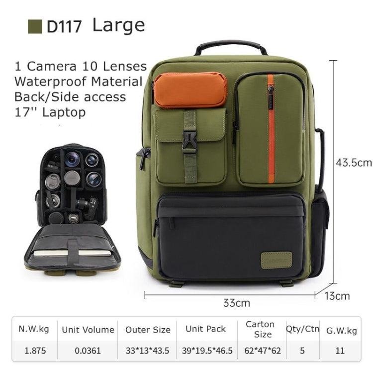 Cwatcun D117 Large Capacity Photography Backpack Shoulders Laptop Camera Bag, Size:43.3 x 33 x 13cm(Army Green) - Backpack by Cwatcun | Online Shopping UK | buy2fix