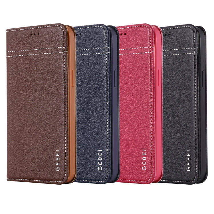 For iPhone 12 / 12 Pro GEBEI Top-grain Leather Horizontal Flip Protective Case with Holder & Card Slots(Rose Red) - iPhone 12 / 12 Pro Cases by GEBEI | Online Shopping UK | buy2fix