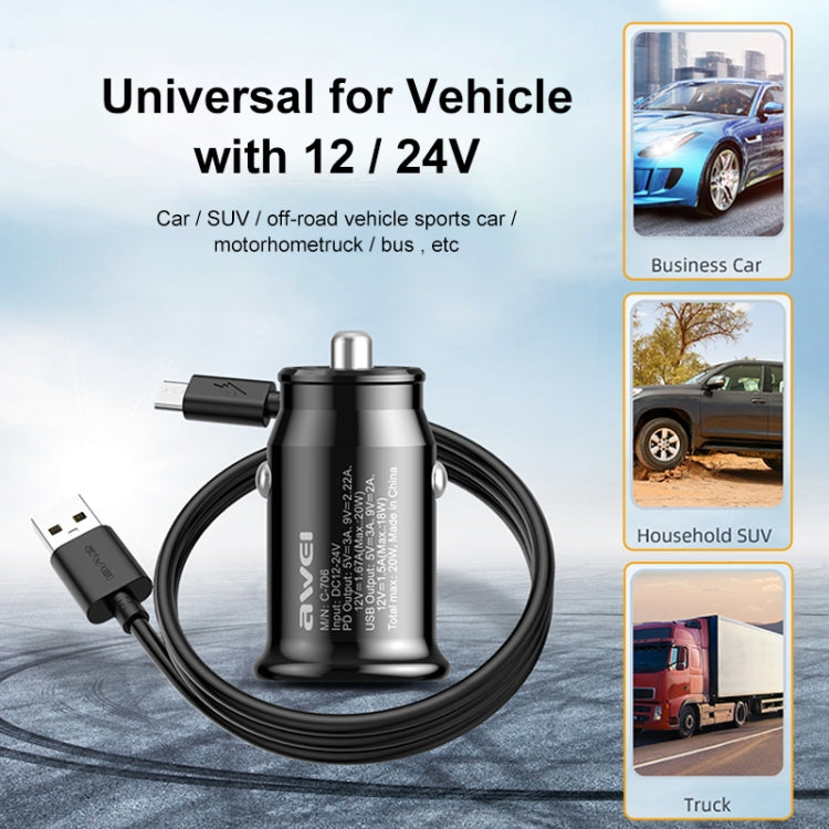 awei C-706 20W PD Type-C + QC 3.0 Type-A Car Charger with CL-110T Data Cable - In Car by awei | Online Shopping UK | buy2fix
