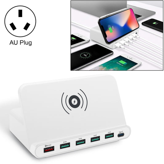 828W 7 in 1 60W QC 3.0 USB Interface + 4 USB Ports + USB-C / Type-C Interface + Wireless Charging Multi-function Charger with Mobile Phone Holder Function, AU Plug(White) - Multifunction Charger by buy2fix | Online Shopping UK | buy2fix