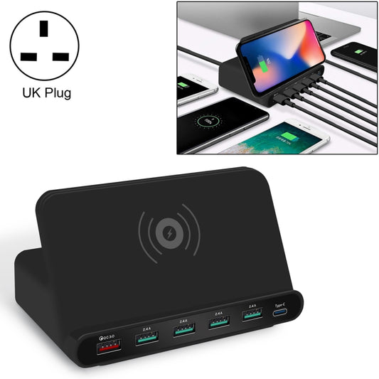 828W 7 in 1 60W QC 3.0 USB Interface + 4 USB Ports + USB-C / Type-C Interface + Wireless Charging Multi-function Charger with Mobile Phone Holder Function, UK Plug(Black) - Multifunction Charger by buy2fix | Online Shopping UK | buy2fix