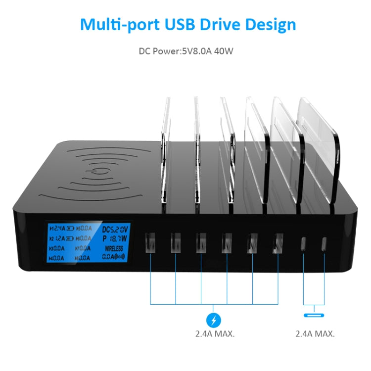 50W 6 USB Ports + 2 USB-C / Type-C Ports + Wireless Charging Multi-function Charger with LED Display & Detachable Bezel, UK Plug - Multifunction Charger by buy2fix | Online Shopping UK | buy2fix