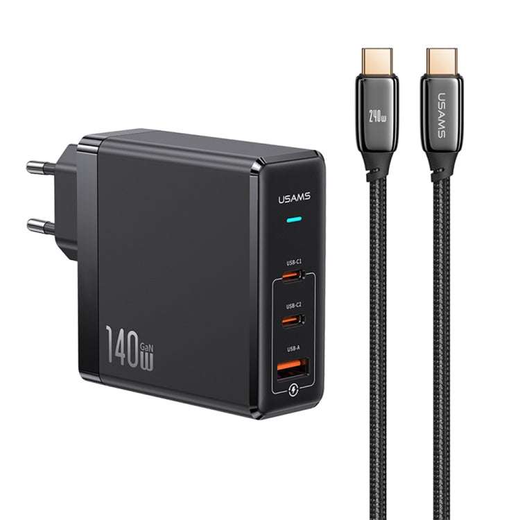 USAMS US-SJ581 T52 3 in 1 140W 3 USB Interfaces GaN Fast Charger Set, EU Plug(Black) - USB Charger by USAMS | Online Shopping UK | buy2fix