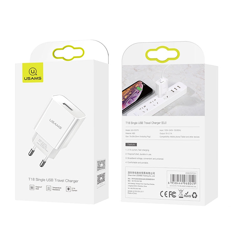 USAMS US-CC075 T18 2.1A Single USB Travel Charger, EU Plug (White) - USB Charger by USAMS | Online Shopping UK | buy2fix