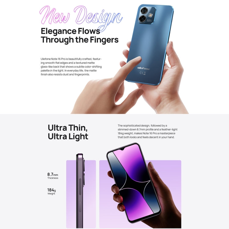 [HK Warehouse] Ulefone Note 16 Pro, 8GB+128GB, Dual Back Cameras, Face ID & Side Fingerprint Identification, 4400mAh Battery, 6.52 inch Android 13 Unisoc T606 OctaCore up to 1.6GHz, Network: 4G, Dual SIM, OTG(Purple) - Ulefone by Ulefone | Online Shopping UK | buy2fix