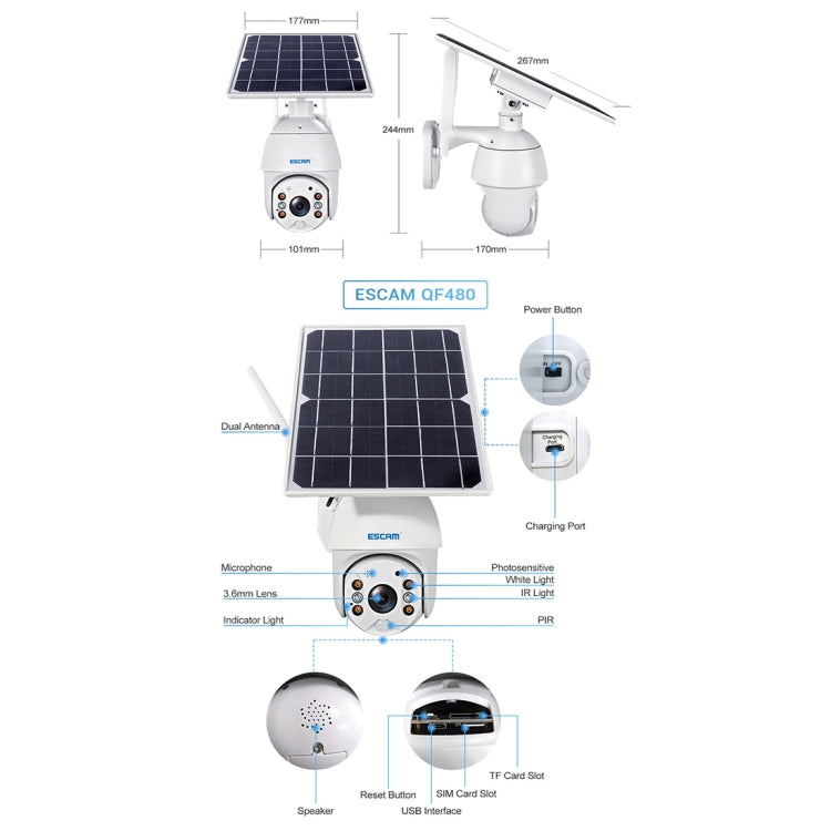 ESCAM QF480 US Version HD 1080P IP66 Waterproof 4G Solar Panel PT IP Camera with Battery, Support Night Vision / Motion Detection / TF Card / Two Way Audio (White) - Dome Camera by ESCAM | Online Shopping UK | buy2fix