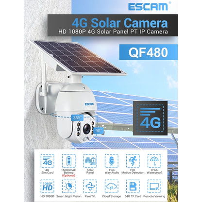 ESCAM QF480 US Version HD 1080P IP66 Waterproof 4G Solar Panel PT IP Camera with Battery, Support Night Vision / Motion Detection / TF Card / Two Way Audio (White) - Dome Camera by ESCAM | Online Shopping UK | buy2fix