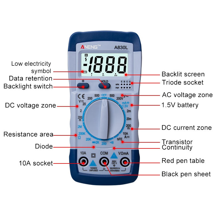 ANENG A830L Handheld Multimeter Household Electrical Instrument(White Grey) - Consumer Electronics by ANENG | Online Shopping UK | buy2fix