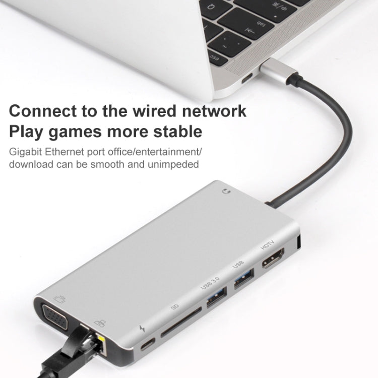 Onten 9591BD 8 in 1 USB-C / Type-C to PD USB-C / Type-C Charging + Gigabit Ethernet + Dual USB 3.0 + HDMI + VGA + SD Card Slot + 3.5mm AUX HUB(Silver) - USB HUB by Onten | Online Shopping UK | buy2fix