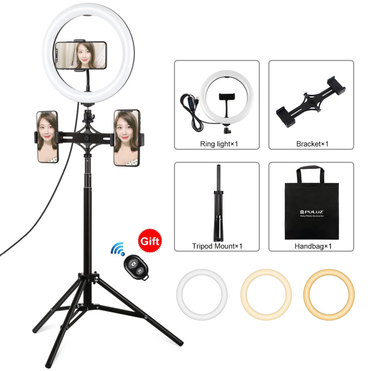 PULUZ 1.65m Tripod Mount + Dual Phone Brackets + 10.2 inch 26cm Curved Surface USB 3 Modes Dimmable Dual Color Temperature Ring Selfie Vlogging Video Light Live Broadcast Kits with Phone Clamp & Selfie Remote Control(Black) - Ring Light by PULUZ | Online Shopping UK | buy2fix